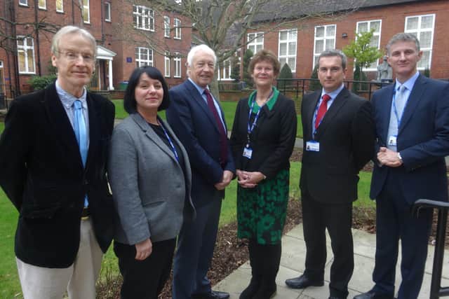 Senior Management Team at Collyer’s (left to right): Ian Dumbleton (Finance Director), Andrea John (Vice Principal for Student Support) Dr David Skipp (Chair of Governors), Sally Bromley (Principal), Steve Martell (Deputy Principal) and Dan Lodge (Vice Principal for Quality and Curriculum). SUS-200127-152124001