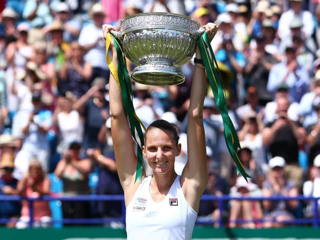 Karolina Pliskova of Czech Republic celebrates with the cup after winning the women's singles final against Angelique Kerber of Germany during day six of the Nature Valley International at Devonshire Park on June 29, 2019 in Eastbourne, United Kingdom. (Photo by Charlie Crowhurst/Getty Images for LTA)