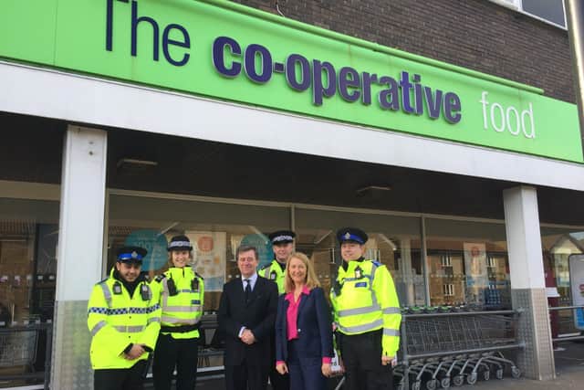 Katy Bourne with councillor Andy McGregor and the new PCSOs outside the Co-op in Lancing's North Road SUS-200402-111006001