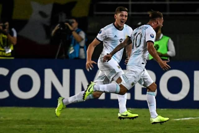 Argentinian midfielder Alexis Mac Allister celebrates after scoring against Colombia during their Under-23 South American Pre-Olympic Tournament