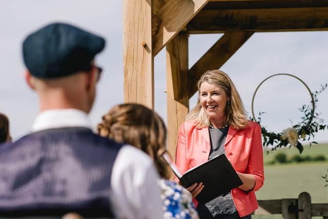 Humanist celebrant Jane Blackman conducting an outdoor wedding. Picture: Parker Shots