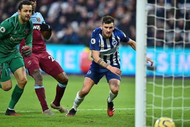 Pascal Gross nips ahead of the West Ham defence to make it 3-2