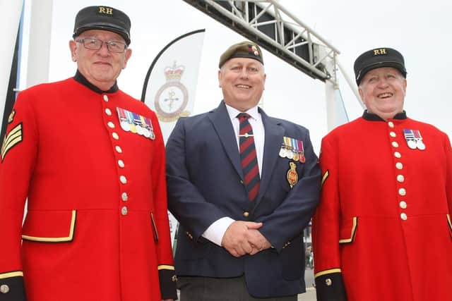Worthing Veterans Association chairman Steve Hinton with Chelsea Pensioners Bill Houston, left, and John West. Photo by Derek Martin DM1862456a