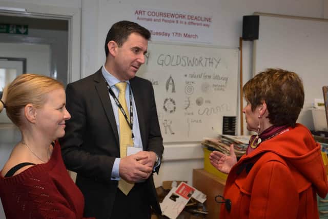 Headteacher of Oathall College, Ed Rodriguez, talking with Irene Balls and Jo Smith-Hashim, head of art at Oathall
