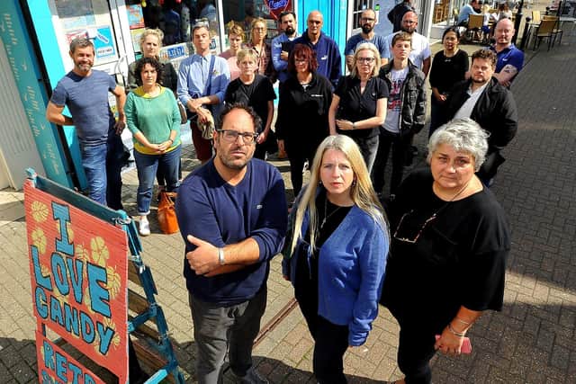Worthing traders anger at outdoor seating licence. Front row, trader and TCI members Andy Sparsis, Samantha Whittington, and Diane Guest TCI chair. Pic Steve Robards SR1920838 SUS-190820-093031001