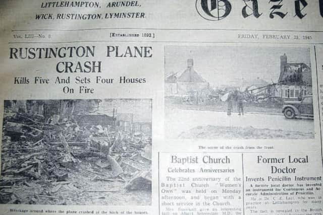 The crash report from the Littlehampton Gazette of Friday, February 23, 1945