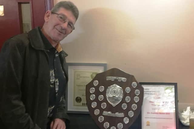 Jim Brown with the Arun and Adur CAMRA award for Beer of the Festival 2019 and the Brighton and South Downs CAMRA award for best Sussex beer at the Brighton Festival 2019