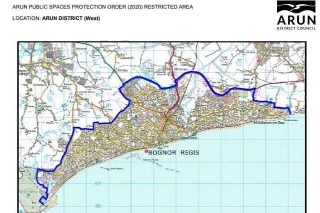 A new anti-social behaviour public space protection order [PSPO] shaped by public consultation has been finalised for Bognor Regis and Littlehampton. The restricted areas are outlined in blue. SUS-201102-175054001