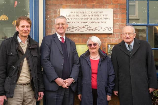 Chris Todd, former South Downs campaign officer; Rt Hon Hilary Benn MP, Margaret Paren, chairman of South Downs Park Authority and Robin Crane, former chairman of South Downs campaign. Picture: Ditchling Society