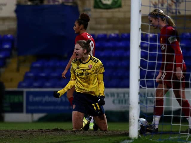 Vivianne Miedema of Arsenal celebrates scoring her sides third goal during the Barclays FA Women's Super League match between Liverpool and Arsenal at Deva Stadium  (Photo by Lewis Storey/Getty Images)