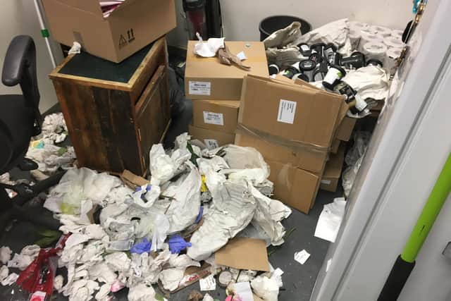 A bin in the office of the shop was emptied onto the floor