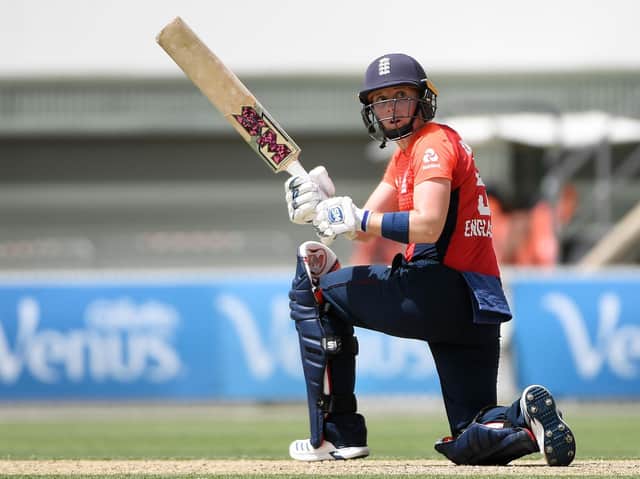 Heather Knight of England bats during the Women's T20 Tri-Series Game 2 between Australia and England at Manuka Oval on February 01, 2020 in Canberra, Australia. Picture courtesy of Getty Images