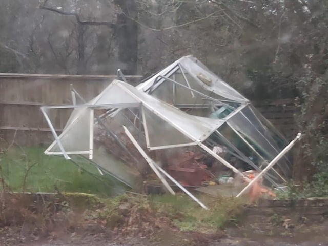 Elizabeth Hobbs' greenhouse did not survive Storm Dennis in Barns Green SUS-200216-143545001