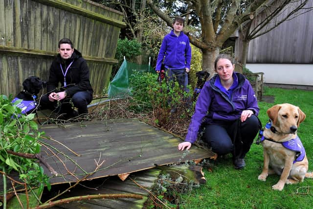 Some of the staff and dogs by the damaged fencing