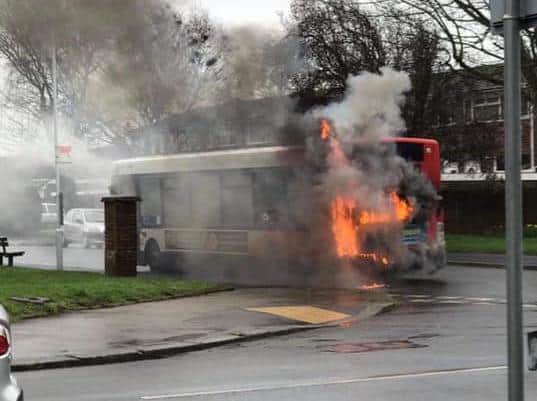 The bus on fire in Castle Road, Worthing