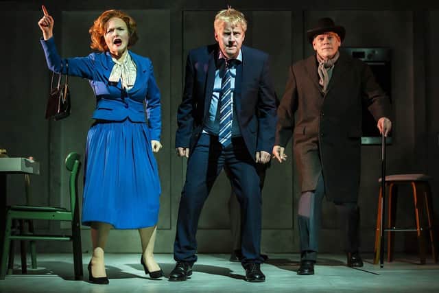 Emma Davies as Thatcher, Will Barton as Boris Johnson and Bill Champion as Churchill. Photo by Pamela Raith