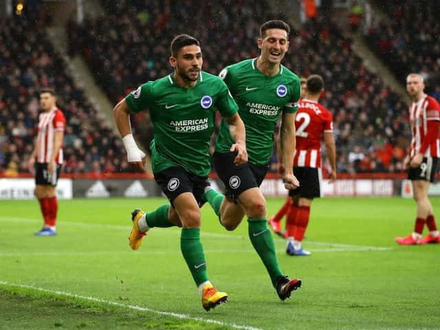 Neal Maupay celebrates his equaliser against Sheffield United with Brighton captain Lewis Dunk