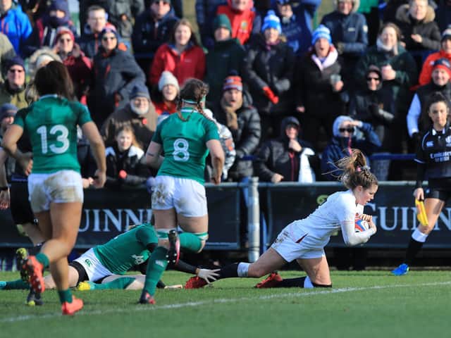 Jess Breach goes over for a try in England's beating of Ireland at Doncaster / Picture: Getty Images