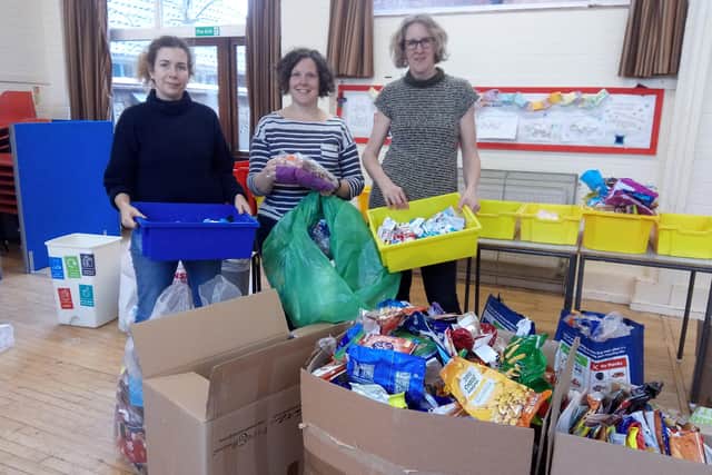 Recycling volunteers at St Giles Church hall, from left, Karen Murphy, Gigi Backshall-Wilkinson and Sarah Ringshaw