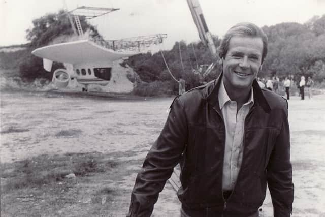 Roger Moore during the filming of A View To A Kill at Amberley Museum
