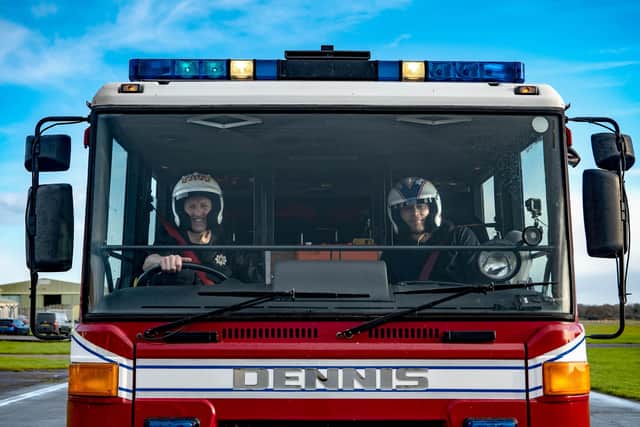 Freddie Flintoff in the fire engine from Storrington - (C) BBC Studios - Photographer: Lee Brimble BBC iPlayer