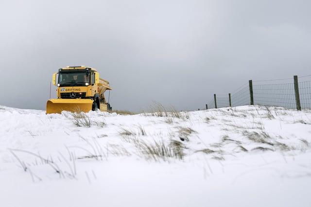 A snow plough on the Buttertubs Pass near Hawes, North Yorkshire