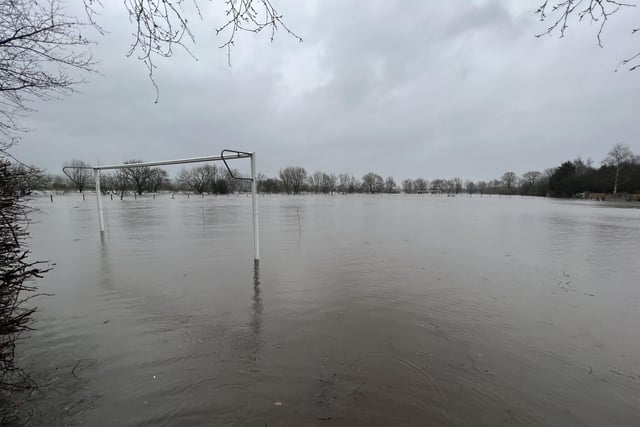 A playing field completely underwater after the River Wharfe burst its banks in Pool