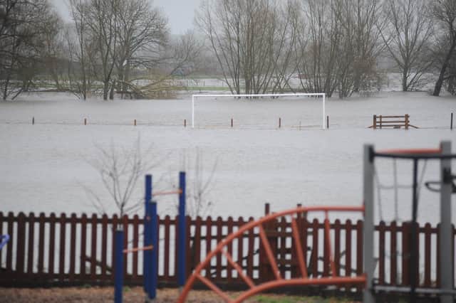 A flooded playing field in Pool after the River Wharfe burst its banks