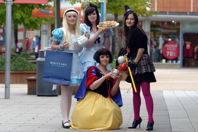 Staff at Whittards of Chelsea at Junction 32 retail park, Castleford, dress as fairytale characters for the Macmillan Coffee Morning, Lucy Wheel, Catrina Renwick, Emily Wheel and Sarah Phillips
