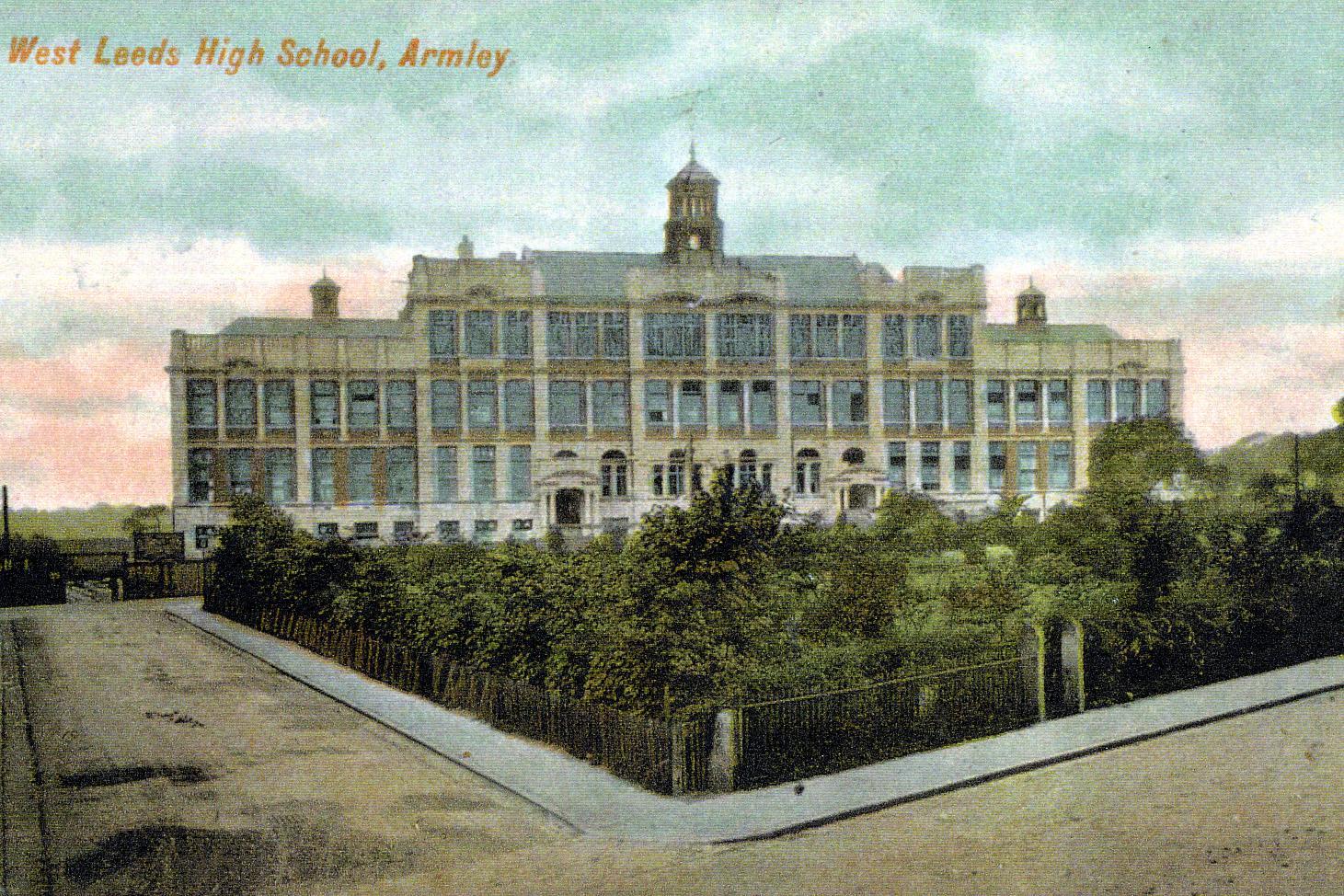 A tinted postcard view of West Leeds High School dating back to when it first opened in 1907.
