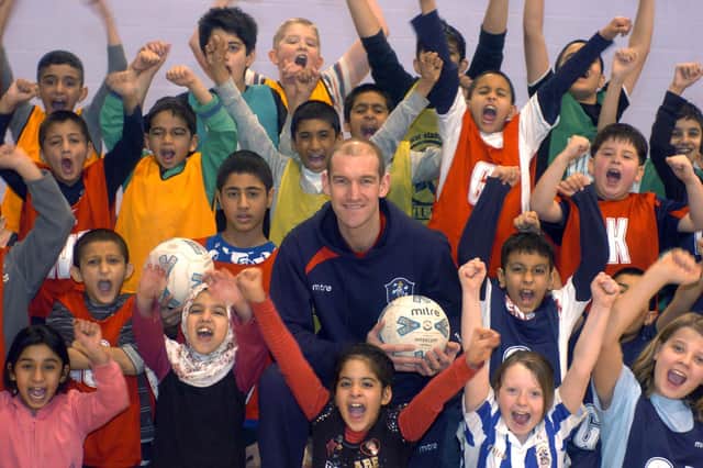 Huddersfield Town ambassador Andy Booth at a half-term multi-sports session at Westmoor Junior School, Dewsbury Moor.