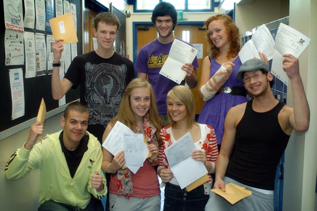Students from St John Fisher Catholic High School, Dewsbury, celebrate their A-level results. back row from left, Robert Haigh, Tom Crowther. Front row, Tom Porritt, Amy Loker, Claire Hirst and Bradley Throupe.