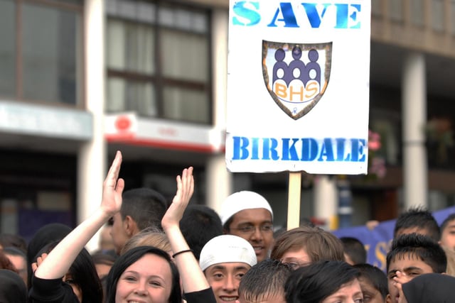 Pupils and staff from Birkdale High School, Dewsbury, protest about the proposed closure of the school.