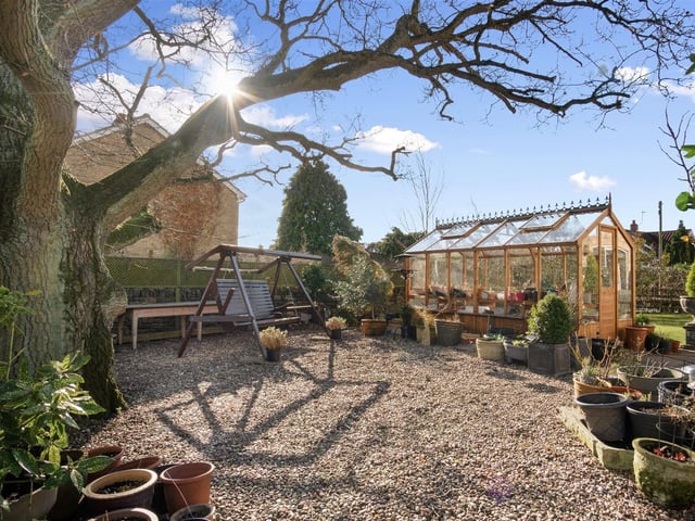 Looking across the garden with its established greenhouse.