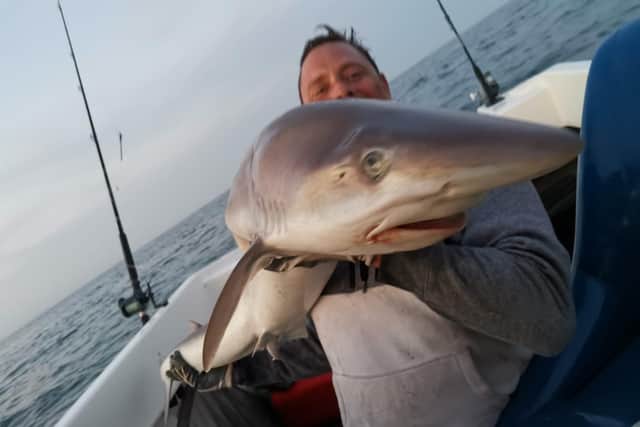 Daniel Rawlins holding the Tope Shark