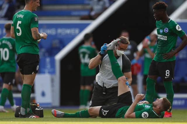 Adam Webster injured his hamstring in the first half at Leicester and was replaced by Shane Duffy