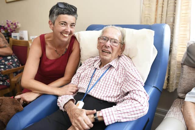 Alison Grant with her father, Doug Medhurst, on his 96th birthday in 2019. Pictured at Rustington Hall care home