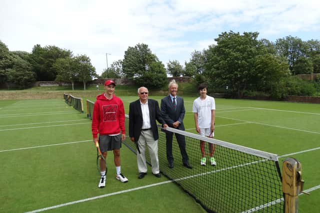 l to r Lemuel Cassidy, Umpire Clay Iles, Gerry Armstrong and Sergio Vieira before their exhibition match. SUS-200630-121716001