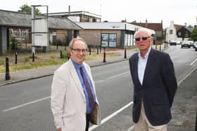 Then parish council chairman John Oldfield, right, and clerk Rob Martin at the Chandlers site in 2018 when the plans were announced. Photo by Derek Martin Photography