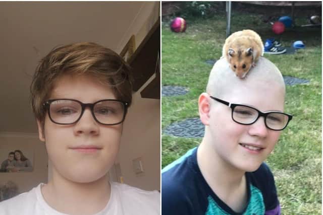 Tyler Emerson before and after his head shave for Macmillan, with his hamster Parker