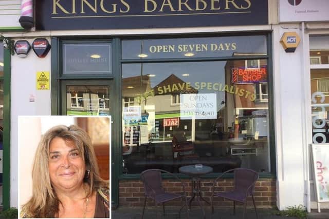 Kings Barbers Horsham, inset, owner Helen Andreou