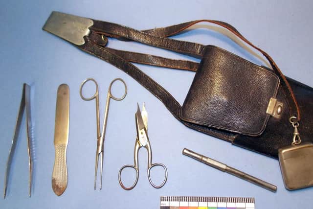 Nurse’s chatelaine, dated between 1850 and 1900, containing several medical instruments, such as forceps, scissors, tweezers, tongue depressor and a glass thermometer. Picture: Horsham Museum and Art Gallery