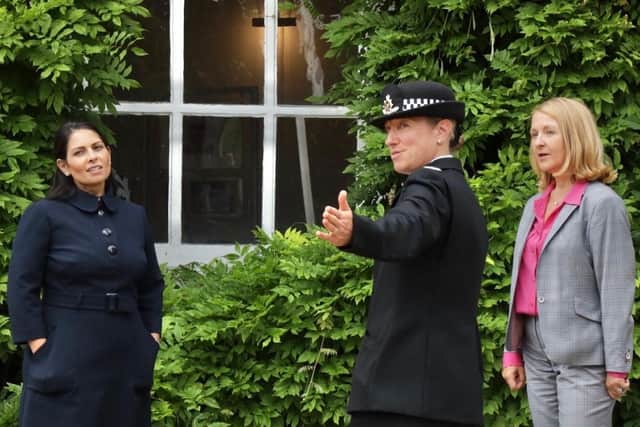 Home secretary Priti Patel with Sussex Police chief constable Jo Shiner and Sussex police and crime commissioner Katy Bourne