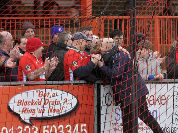 Danny Bloor with the Boro fans before lockdown - he says the return to training at Priory Lane, which was watched by a handful of supporters, was a big step forward / Picture: Jon Rigby