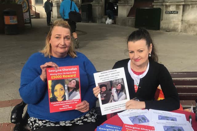 Petra Edwards and Andrea Gharsallah were in South Street Square, Worthing, to raise awareness of the disappearance of her daughter Georgina Gharsallah