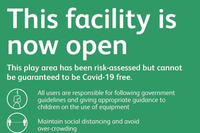 Crawley Borough Council's warning signs which are set be placed at reopened play areas SUS-200713-173545001