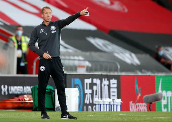 Brighton's English manager Graham Potter gestures from the sidelines during the English Premier League football match between Southampton and Brighton and Hove Albion at St Mary's Stadium in Southampton, southern England on July 16, 2020. (Photo by Frank Augstein / POOL / AFP) / RESTRICTED TO EDITORIAL USE. No use with unauthorized audio, video, data, fixture lists, club/league logos or 'live' services. Online in-match use limited to 120 images. An additional 40 images may be used in extra time. No video emulation. Social media in-match use limited to 120 images. An additional 40 images may be used in extra time. No use in betting publications, games or single club/league/player publications. /  (Photo by FRANK AUGSTEIN/POOL/AFP via Getty Images) SUS-200716-231206001