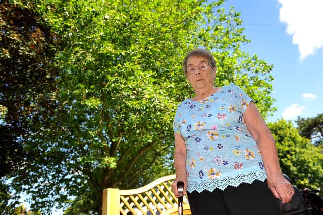 Peggy White of Sullington Mead, Broadbridge Heath is worried about a tree near her home. Pic Steve Robards SR2007201 SUS-200720-162738001