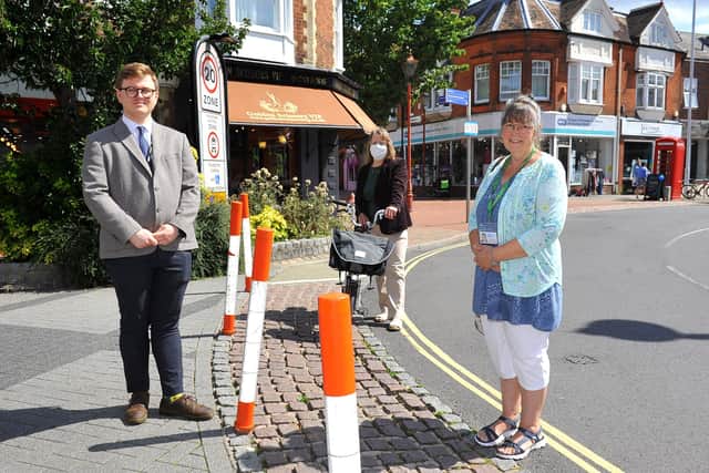 Matt Allen (Shadow Cabinet for the local Economy and Parking) with cllrs for Denne Ward - Ruth Fletcher and Belinda Walters at the entrance to East Street. Pic Steve Robards SR2007202 SUS-200720-162855001