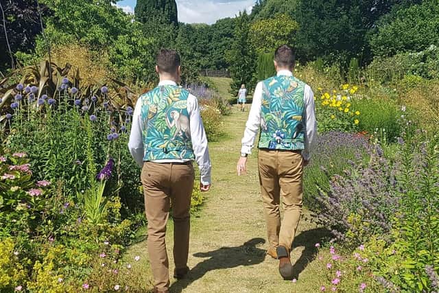 Chris and Eros wore matching waistcoats for the ceremony, handmade by Eros